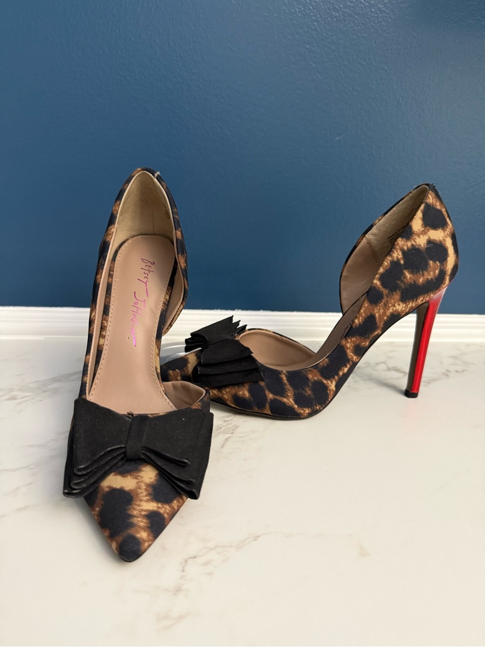 Betsey Johnson Leopard Print Pointed-Toe Pumps with Black Bow Accent